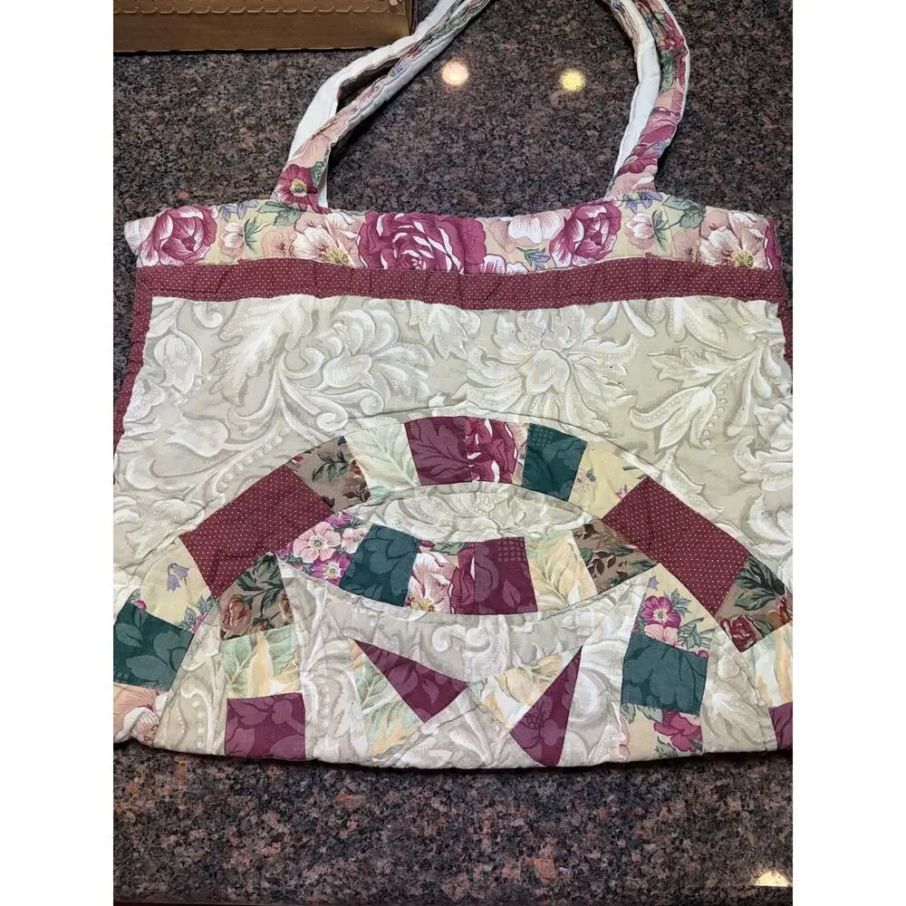 Vintage Handmade Quilted Double Ring Pattern Tote Bag 18